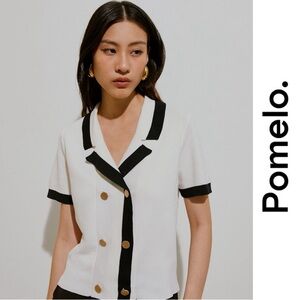 Pomelo Contrast Trim Knitted Short-Sleeve Shirt W/Gold Buttons, Size S, MSRP $35